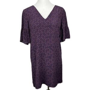Madewell Silk Short Bell Sleeve Clover Eggplant Blue Mini Shift Mod Dress Sz 4